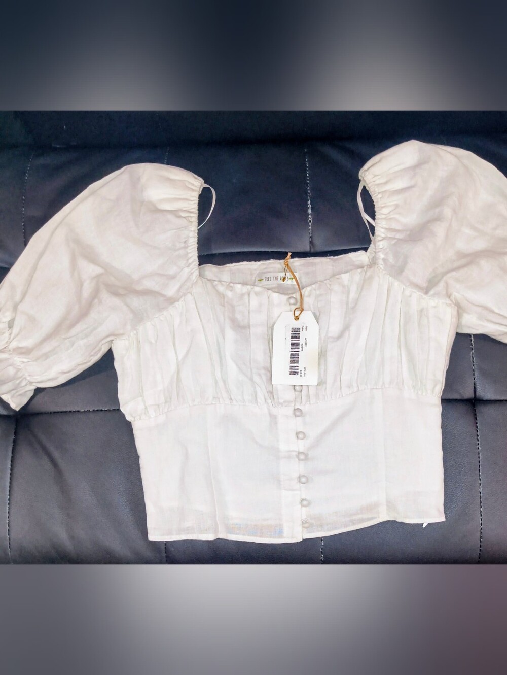Puff Sleeve Square Neck Crop Top - White Linen
